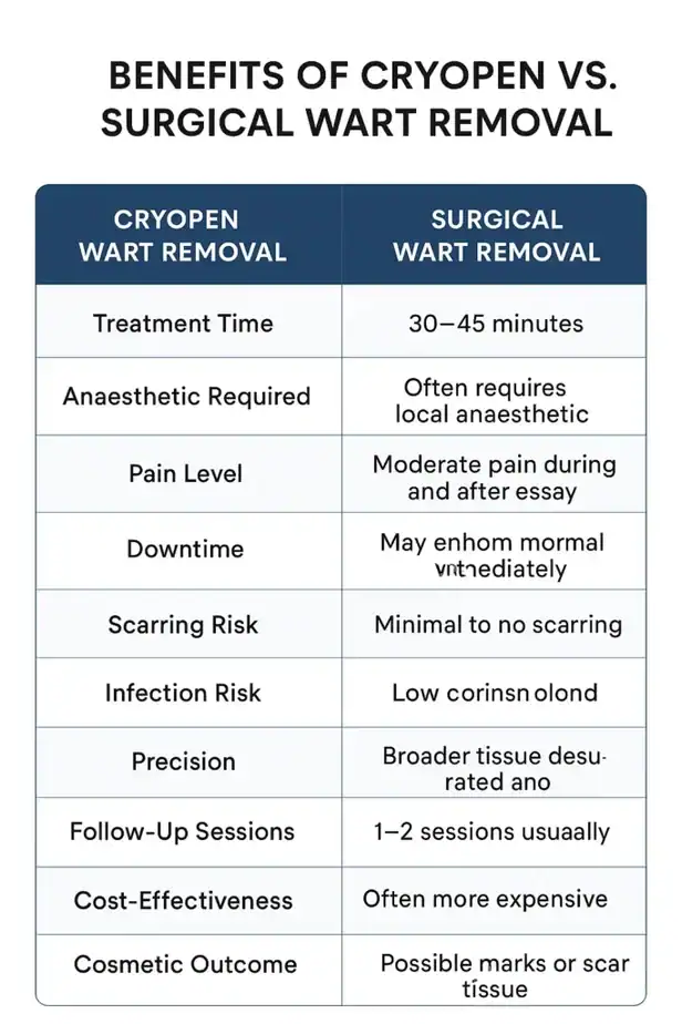 Table showing the benefits of cryopen to remove warts Isleworth compared to surgical treatment